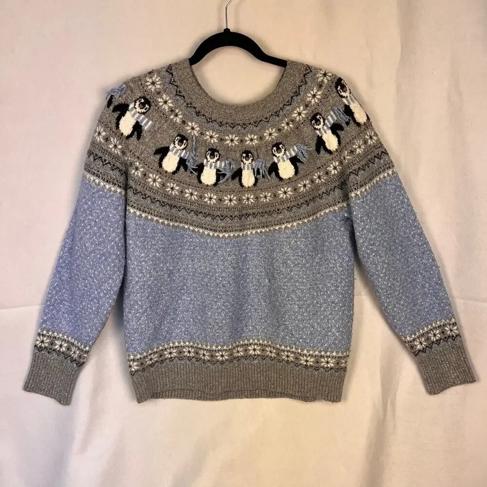 Holiday Time Penguin Fair Isle Sweater XL 16-18 Blue Gray Metallic Winter EUC